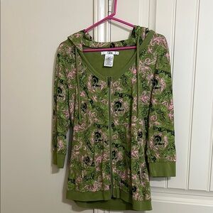 Disney Tinker Bell Green and Pink Zip-Up Hoodie with 3/4 sleeves.